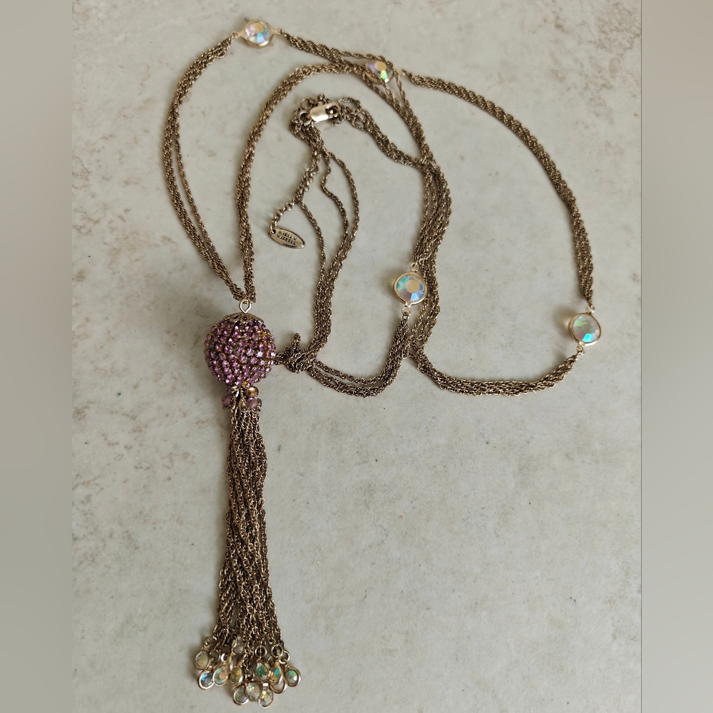Signed Miriam Haskell Gold-Tone Long Tassel Necklace Pink Crystal Ball Pendant
